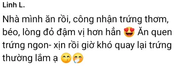 Linh L.: Nhà mình ăn rồi, công nhận trứng thơm, béo, lòng đỏ đậm vị hơn hẳn. Ăn quen trứng ngon- xịn rồi giờ khó quay lại trứng thường lắm ạ